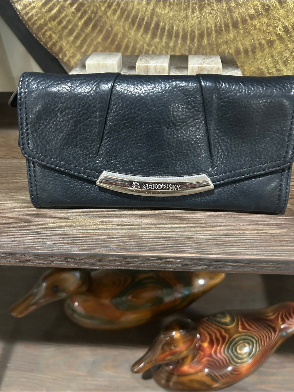 b. makowsky Black Pebbled Leather Wallet with Silver Logo Plate clean